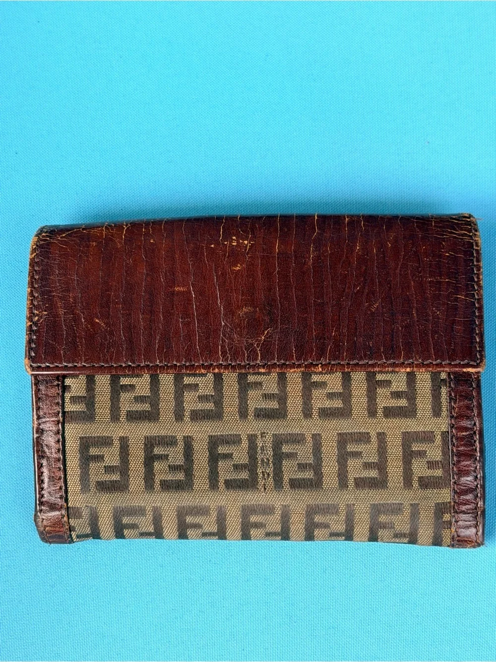 Fendi vintage  zucchini Monogram Canvas Wallet with Dark Brown Trim AUTHENTIC